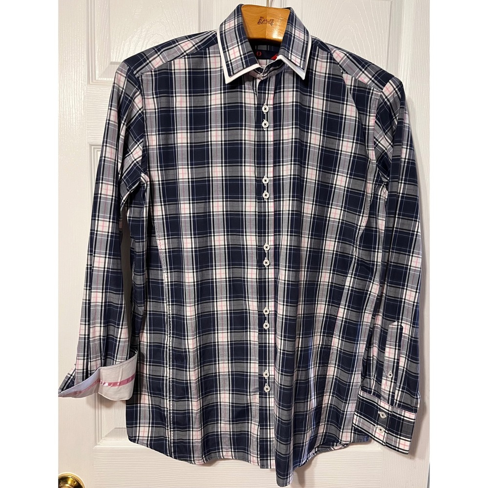 Brio Mens Navy Blue Pink Plaid Long Sleeve ButtonDown Contrast Collar Shirt 16.5